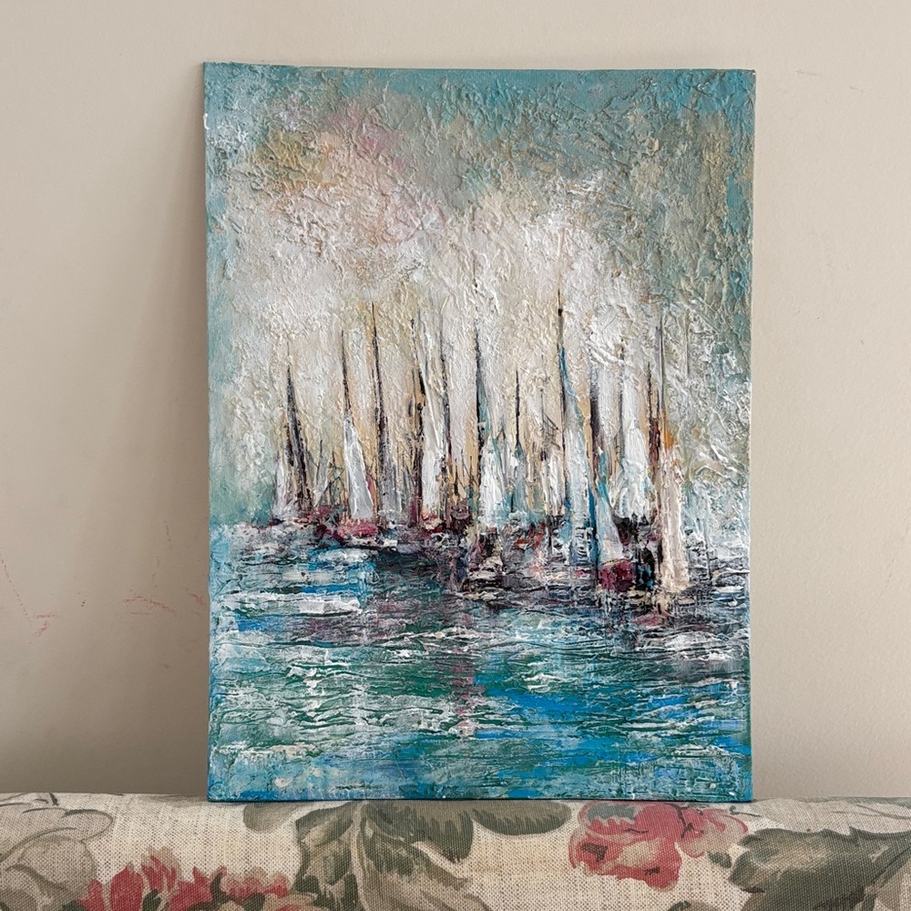 Abstract Sailboat Canvas Art in Blue and White